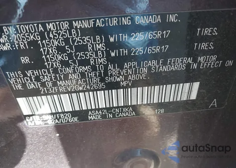 2016 Toyota Rav4 Le from USA, damaged, VIN 2T3ZFREV2GW242695